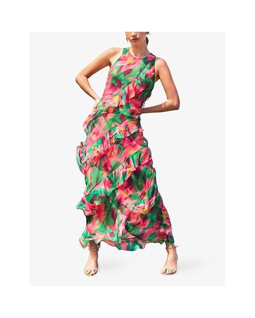 Ro&zo Red Layla Floral-Print Ruffle Chiffon Maxi Dress
