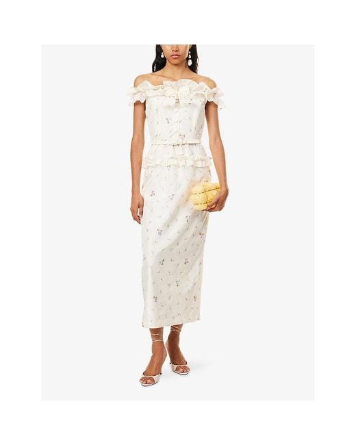 Alessandra Rich White Floral-Print Taffeta Silk Midi Dress