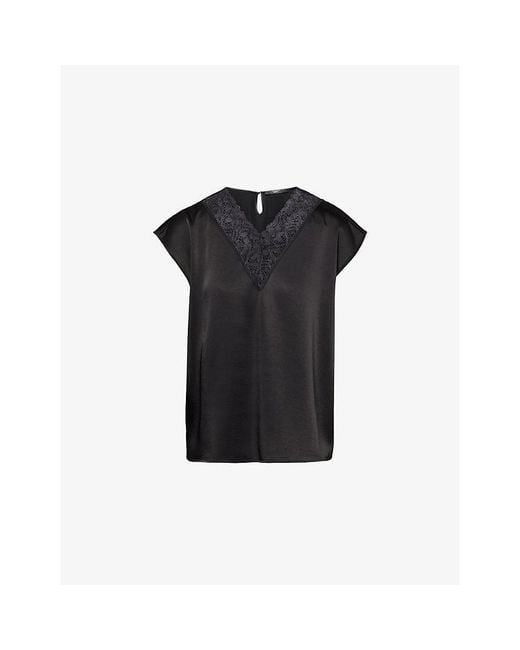 Weekend by Maxmara Black Fluid Lace-Trim Satin Top