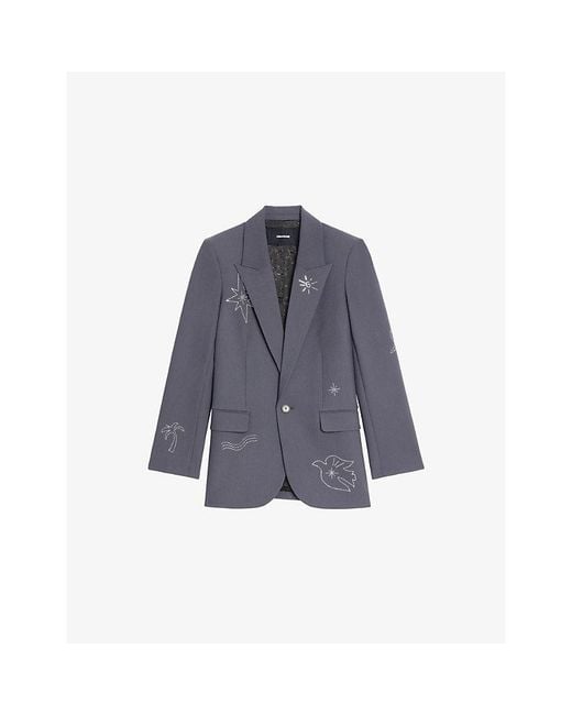 Zadig & Voltaire Blue Vival Rhinestone-Embellished Stretch-Woven Blazer