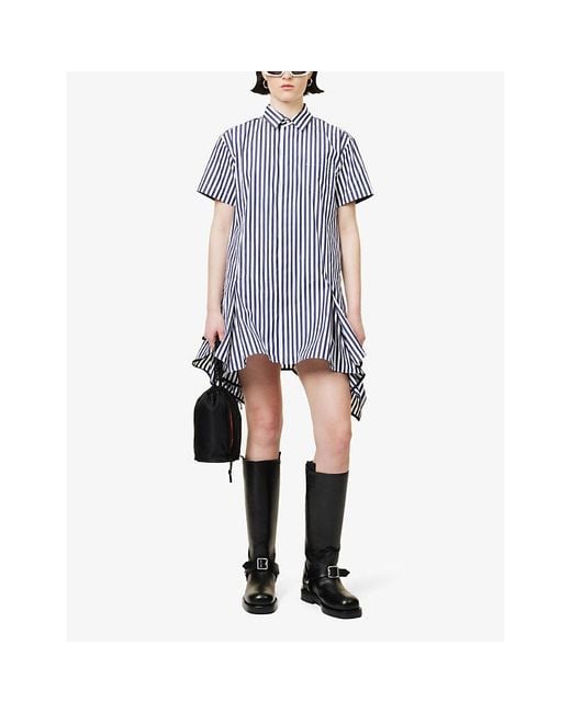 Sacai Blue Panelled-hem Striped Cotton-poplin Shirt Dress X