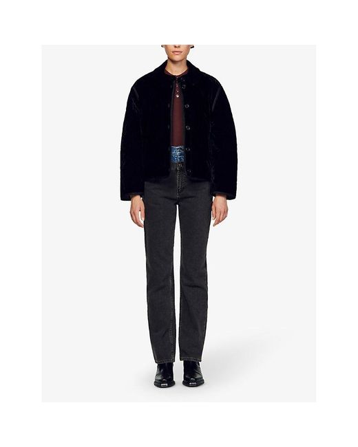 Sandro Mini Star print Reversible Quilted Velvet Jacket in Black