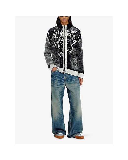 DIESEL Black Griffin Motif Zip-Up Cotton Cardigan for men