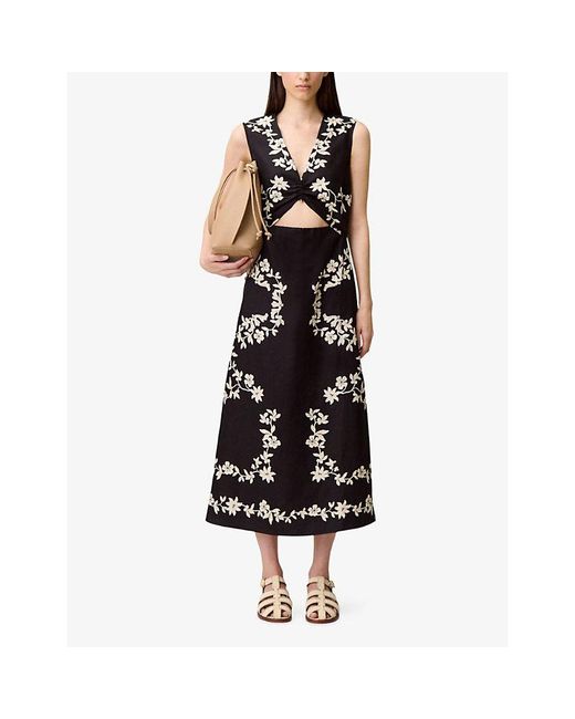 Claudie Pierlot Black Floral-Print Cut-Out Woven Maxi Dress