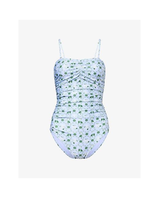 VERANDAH Blue Floral-Print Side-Ruched Maillot Swimsuit