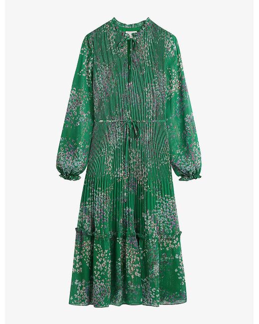 Ted Baker Green Rosiiie Serendipity-print Pleated Long Sleeve Midi Dress