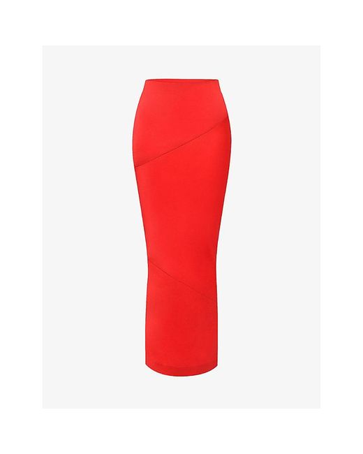 House Of Cb Red Colette Fitted Satin Midi Skirt
