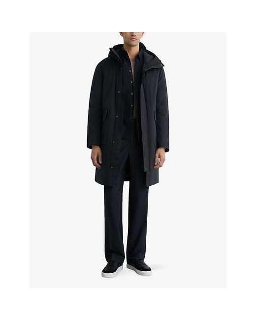Reiss Blue Quilted Hooded Woven Coat for men