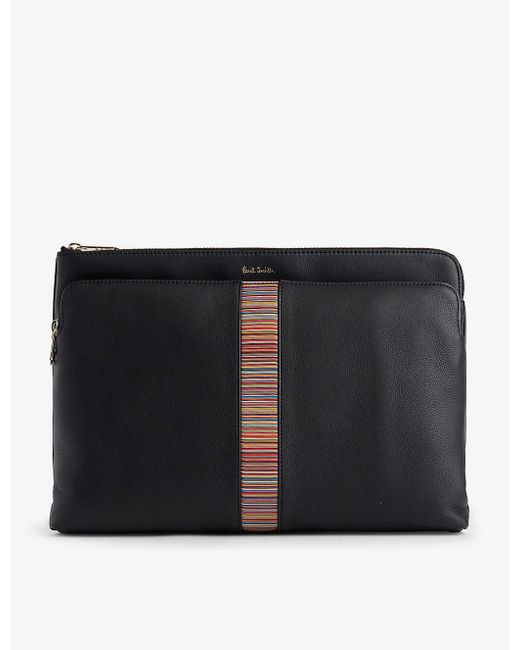 Paul Smith Black Striped-panel Zipped Leather Document Bag for men