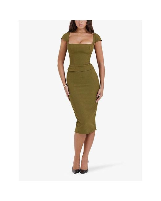 House Of Cb Green Layana Corseted Woven Mini Dress