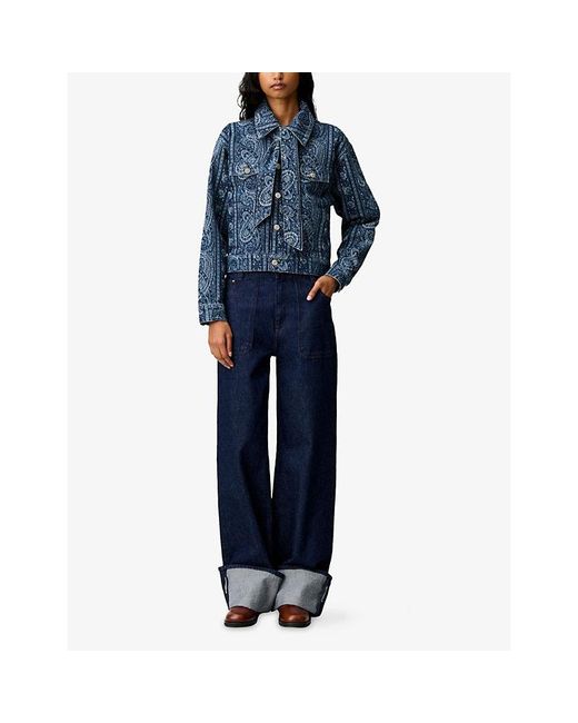 Claudie Pierlot Blue Paisley-Print Tie-Neck Denim Jacket