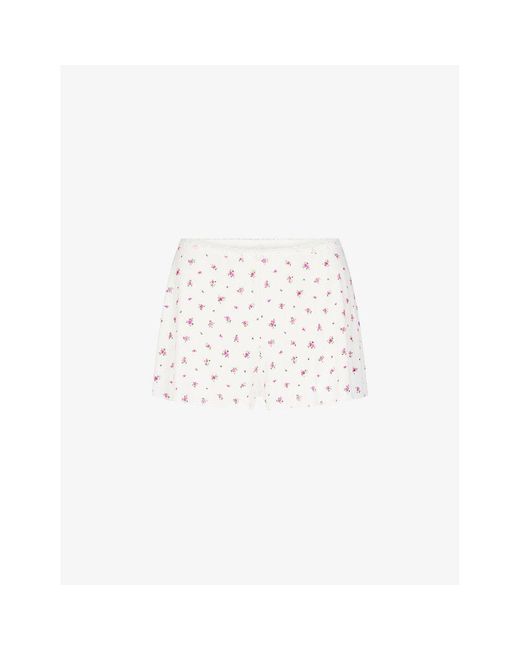 Skims White Soft Lounge Floral-print Lace-trim Stretch-woven Shorts
