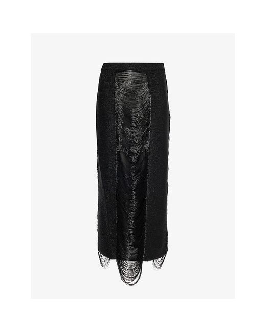 Alexander McQueen Black Fringe-trim Textured High-rise Woven Midi Skirt