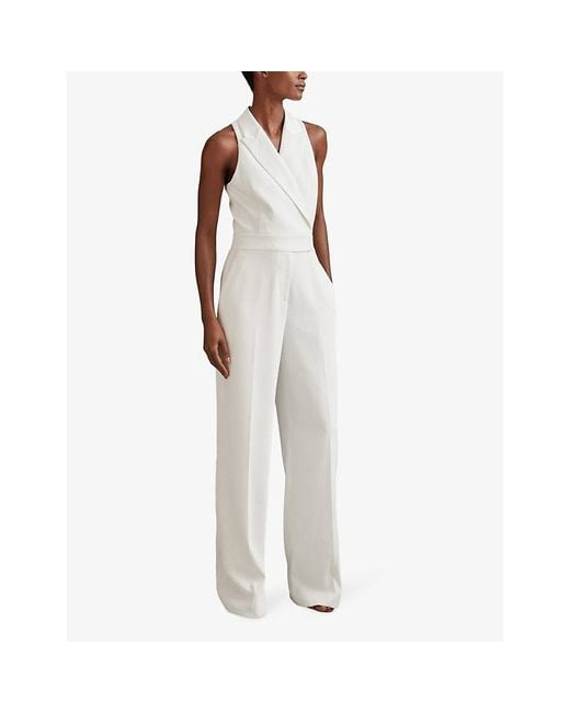 Reiss White Lainey Double-breasted Wide-leg Satin Jumpsuit