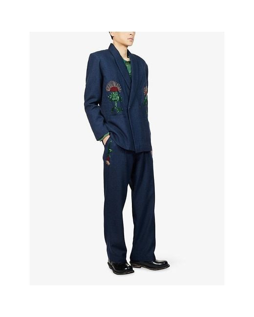 Kartik Research Blue Pleat Embroidered Wool Trousers for men