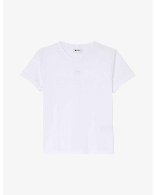 Sandro White Logo-embroidered Relaxed-fit Cotton T-shirt