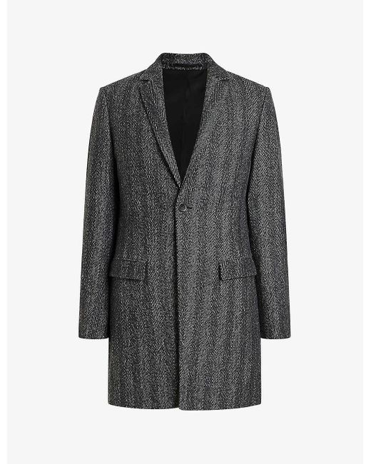 AllSaints Gray Manor Single-breasted Herringbone Recycled Wool-blend Coat for men