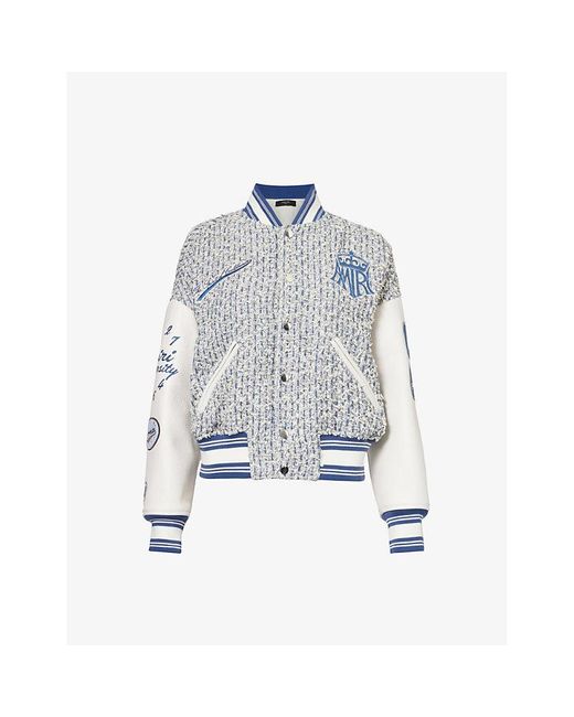 Amiri Blue Brand-embroidered Bouclé-texture Cotton-blend Jacket