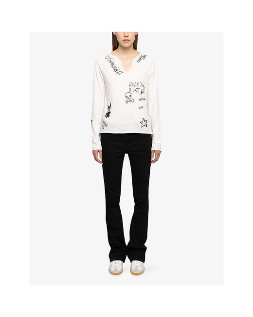 Zadig & Voltaire White Tunisien Graphic-Print Long-Sleeve Cotton T-Shirt