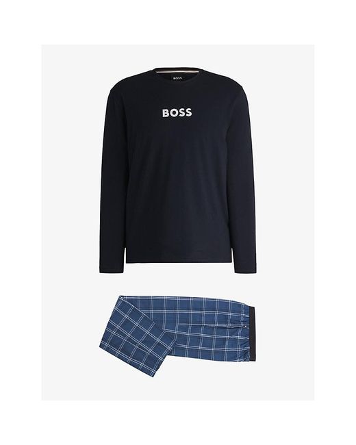 Boss Black Logo-Print Check Cotton Blend Pyjama Set for men