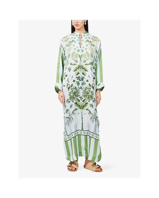 VERANDAH Green Silk Kaftan Maxi Dress