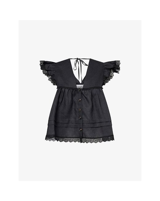 Ganni Blue Angel Short-Sleeve Linen Top