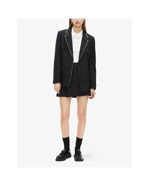 The Kooples Black Notched-Lapels Embroidered-Motif Wool-Blend Jacket
