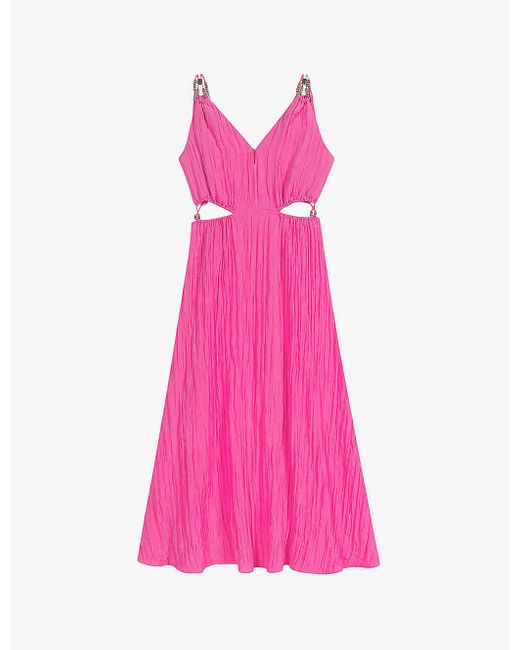 Maje Pink Beaded Crinkle Woven Midi Dress