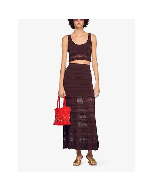 Sandro Brown Scoop-Neck Cropped Knitted Top