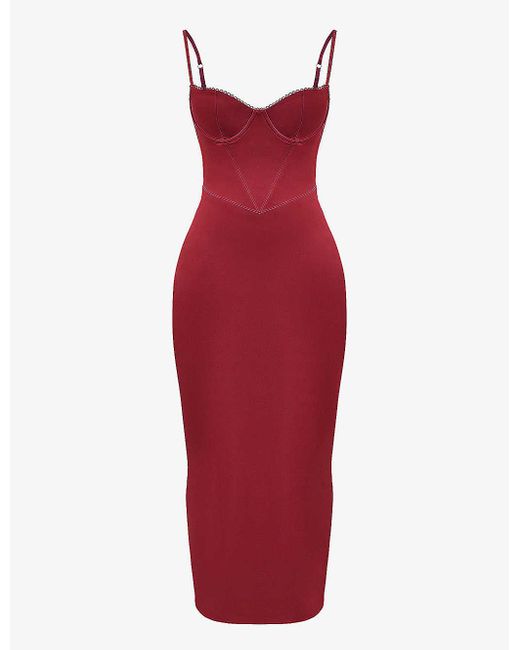 House Of Cb Red Stefania Fitted Satin Maxi Dress