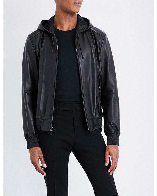 Ralph Lauren Purple Label Black Hooded Leather Jacket for men