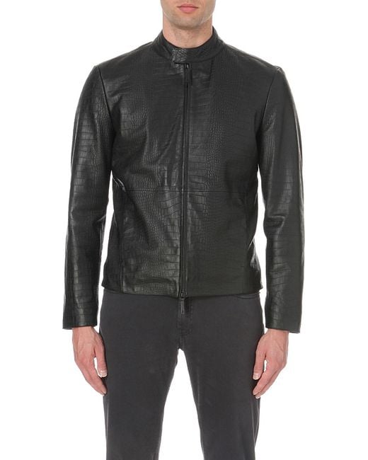 Armani Black Crocodile-embossed Leather Jacket for men