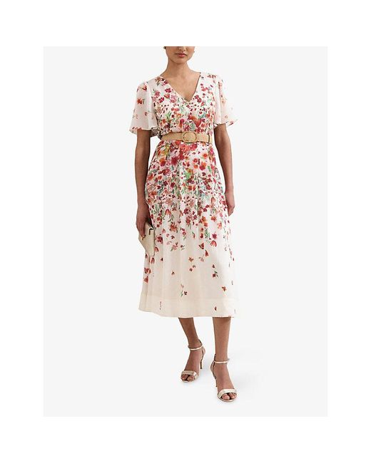 Phase Eight Natural Petite Lovette Floral-Print Linen-Blend Midi Dress