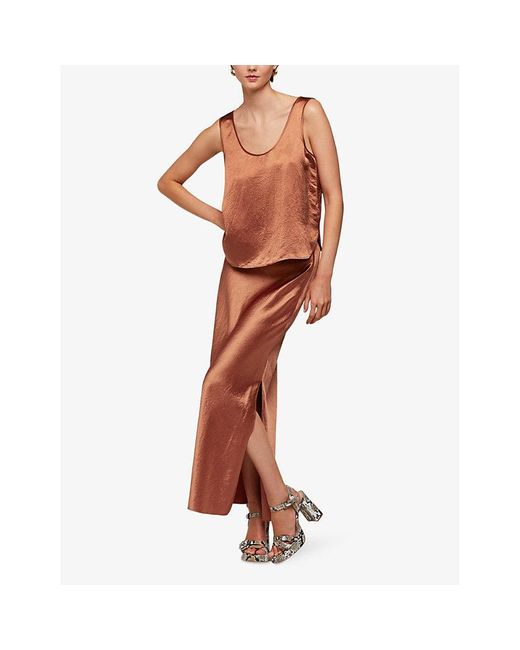 Whistles Brown Ella Round-neck Relaxed-fit Satin Top