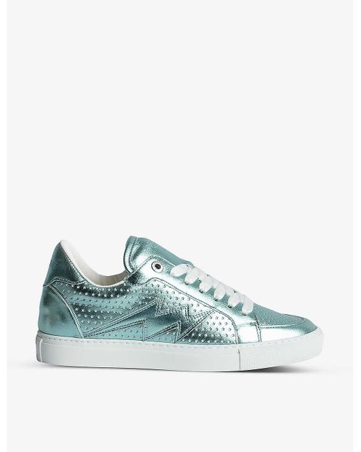 Zadig & Voltaire La Flash Metallic-leather Low-top Trainers in Blue | Lyst