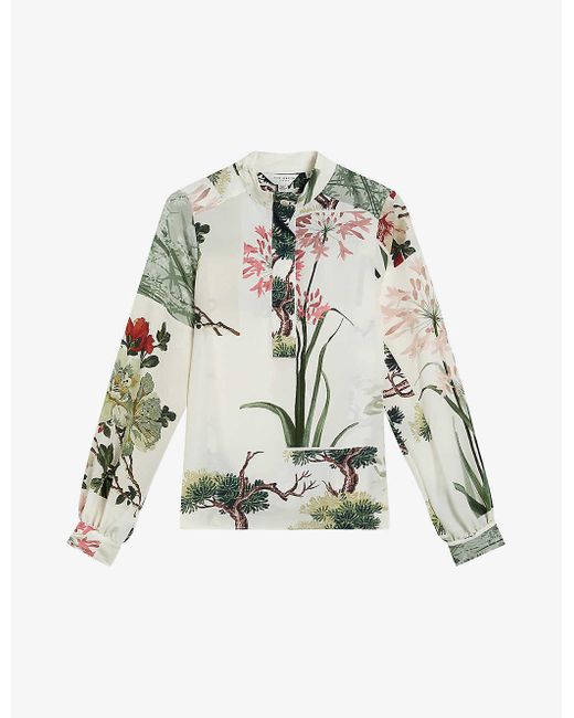 Ted Baker White Jaynia Floral-print Long-sleeve Woven Blouse