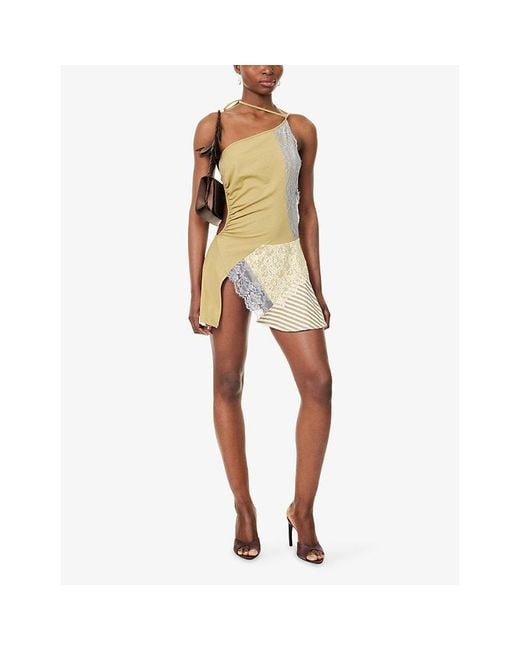 Jaded London Metallic Reworked Asymmetric Lace Cotton-Blend Mini Dress