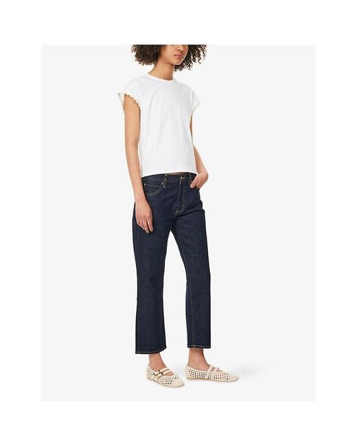 FRAME White Cap-Sleeve Scallop-Trim Cotton T-Shirt