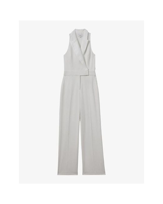 Reiss White Lainey Double-breasted Wide-leg Satin Jumpsuit