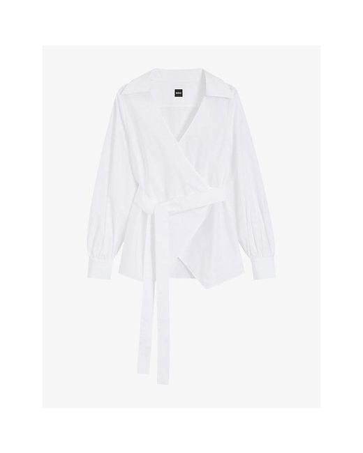 Boss White Wrap-Front Regular-Fit Cotton-Poplin Blouse