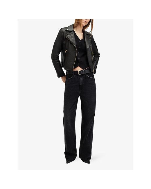 AllSaints Black Dalby Slim-Fit Metal-Hardware Leather Jacket