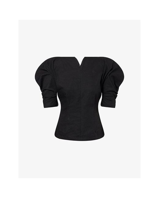D'Estree Black Janet Puff-Sleeve Cotton Top