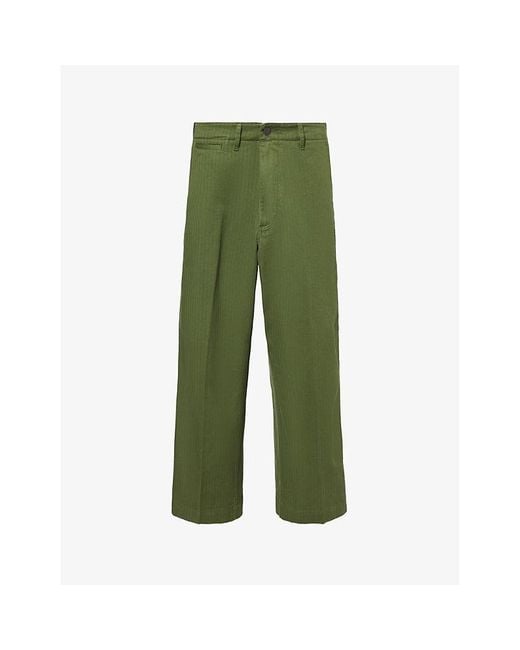 Beams Plus Green Herringbone Regular-fit Wide-leg Cotton Trousers for men