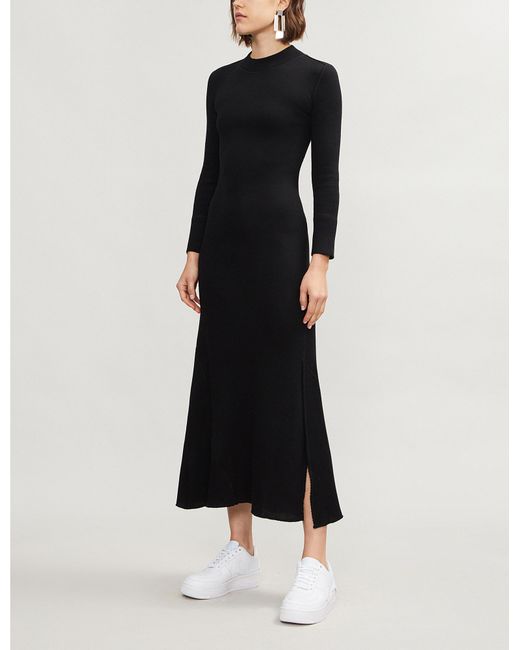 Theory Black Rib-knit Long-sleeved Midi Dress