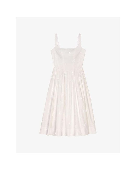 Maje White Floral-Embroidered Sequin-Embellished Woven Midi Dress