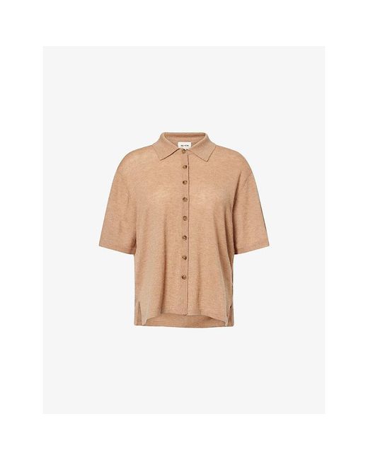 ME+EM Natural Classic-Collar Short-Sleeve Cashmere Top