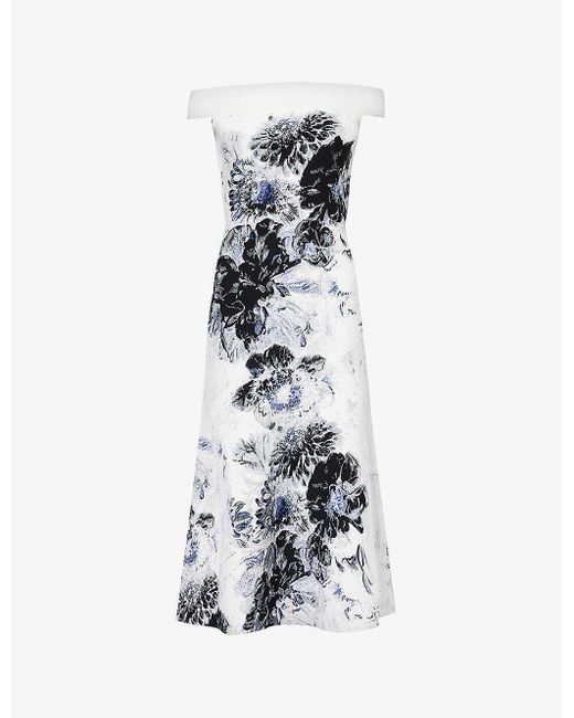 Alexander McQueen White Graphic-pattern Flared-hem Knitted Midi Dress X