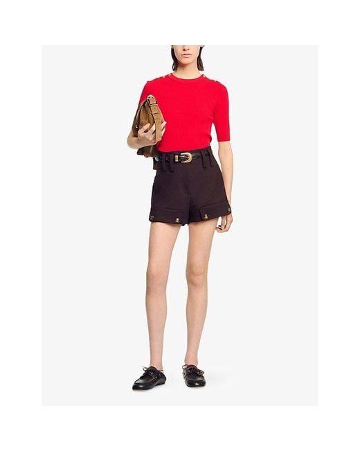 Sandro Red Button-Embellished Short-Sleeved Stretch-Knit Jumper