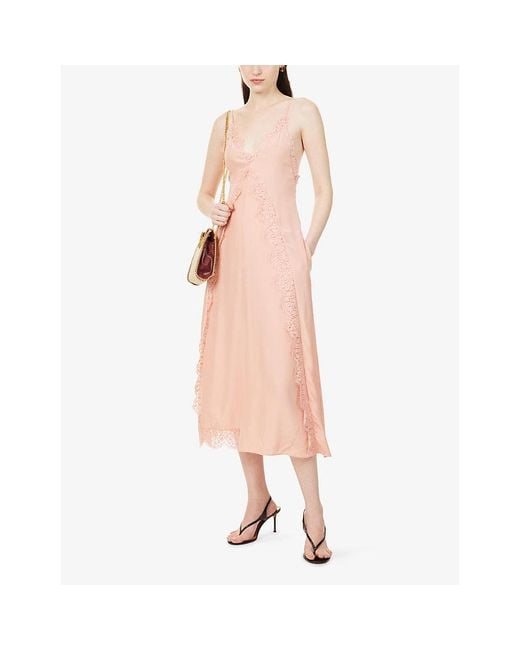Stella McCartney Pink Lace-Trimmed Silk Midi Cami Dress