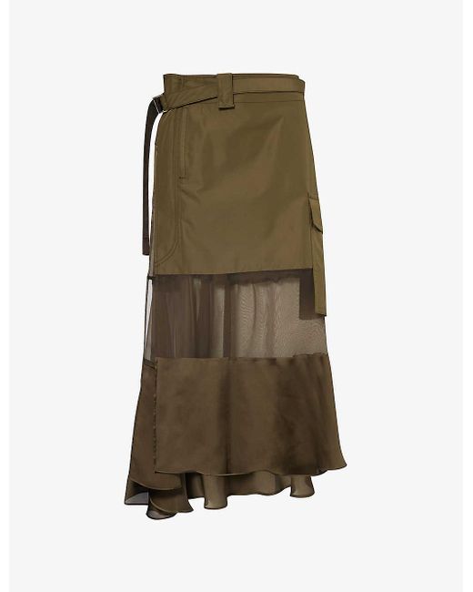 Sacai Green Contrast-panel Semi-sheer Shell Midi Skirt